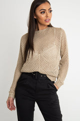 Beige Open Knit Backless Tie Back Jumper - Holdyn-Jumper