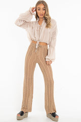 Beige Open Knit Tie Waist Flared Trousers - Nadine-Trousers
