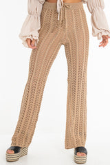 Beige Open Knit Tie Waist Flared Trousers - Nadine-Trousers