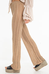 Beige Open Knit Tie Waist Flared Trousers - Nadine-Trousers