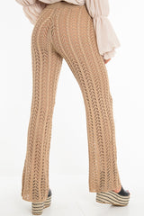Beige Open Knit Tie Waist Flared Trousers - Nadine-Trousers
