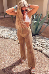 Beige Open Knit Tie Waist Flared Trousers - Nadine-Trousers