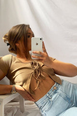 Beige Open Tie Front Crop Top - Ozella-Tops