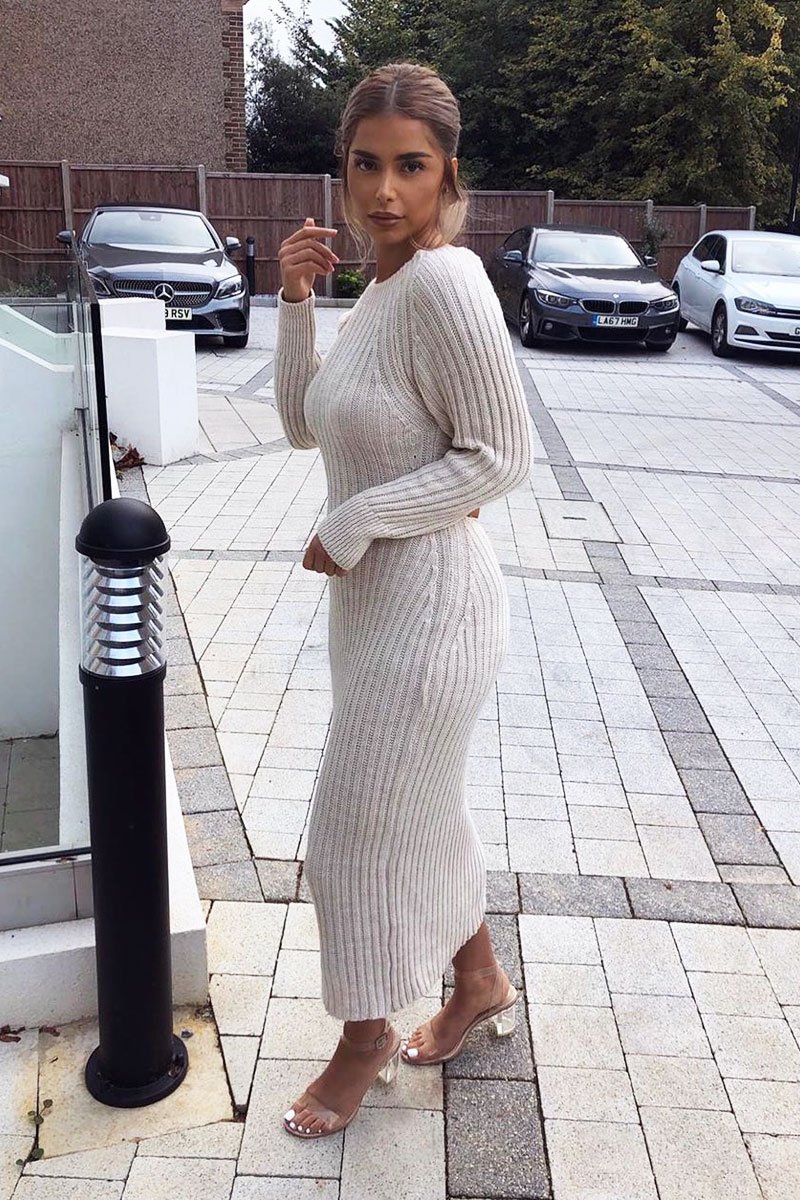 Beige Open Twist Back Knit Midi Dress - Karrah Rebellious Fashion Beige Open Twist Back Knit Midi Dress - Karrah Rebellious Fashion