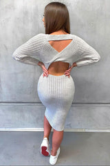 Beige Open Twist Back Maxi Bodycon Jumper Dress - Karrah-Dresses