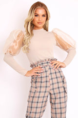 Beige Organza Half Puff Sleeve Top - Isla-Tops