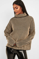 Beige Ottoman Rib Roll Neck Jumper - Renee-Jumper