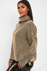 Beige Ottoman Rib Roll Neck Jumper - Renee-Jumper