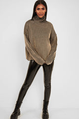 Beige Ottoman Rib Roll Neck Jumper - Renee-Jumper