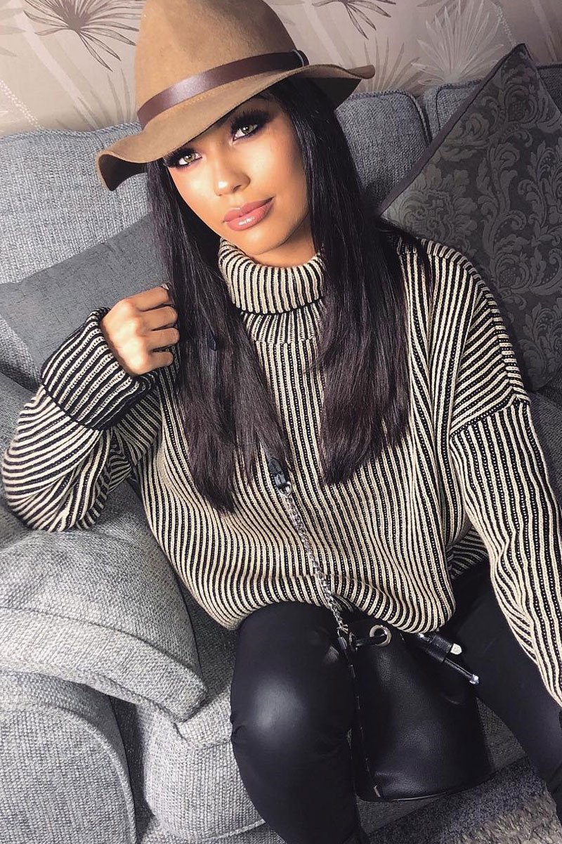 Beige Ottoman Rib Roll Neck Jumper - Renee-Jumper