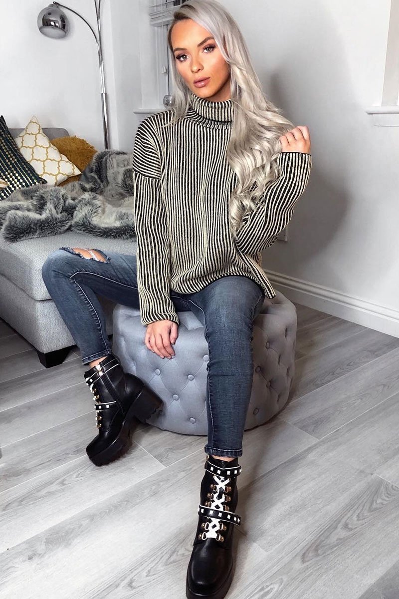 Beige Ottoman Rib Roll Neck Jumper - Renee-Jumper