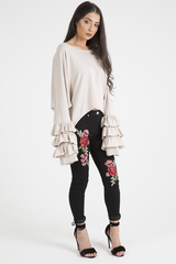Beige Oversized Frill Sleeve Top - Connie-Tops