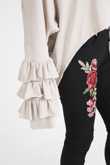 Beige Oversized Frill Sleeve Top - Connie-Tops