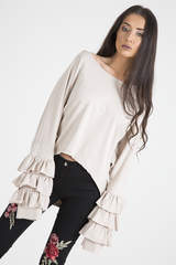 Beige Oversized Frill Sleeve Top - Connie-Tops