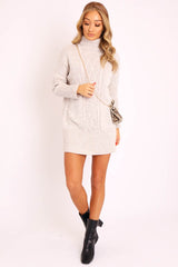 Beige Oversized Knitted Turtle Neck Jumper Dress - Freyah-Dresses