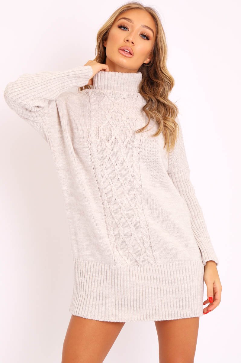 Beige Oversized Knitted Turtle Neck Jumper Dress - Freyah-Dresses