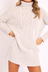 Beige Oversized Knitted Turtle Neck Jumper Dress - Freyah-Dresses