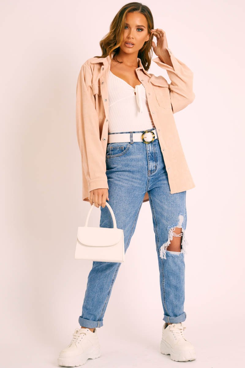 Beige Oversized Utility Pocket Corduroy Shirt - Aaliah-Shirts