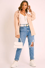 Beige Oversized Utility Pocket Corduroy Shirt - Aaliah-Shirts