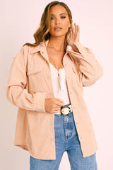 Beige Oversized Utility Pocket Corduroy Shirt - Aaliah-Shirts