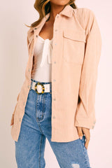 Beige Oversized Utility Pocket Corduroy Shirt - Aaliah-Shirts