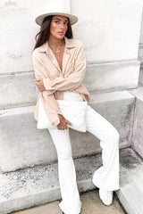 Beige Oversized Utility Pocket Corduroy Shirt - Aaliah-Shirts