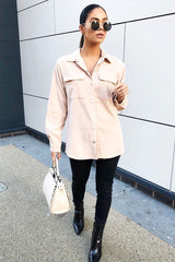 Beige Oversized Utility Pocket Corduroy Shirt - Aaliah-Shirts