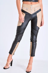 Beige PU Colour Block Trousers - Mammie-Trousers