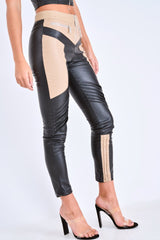 Beige PU Colour Block Trousers - Mammie-Trousers