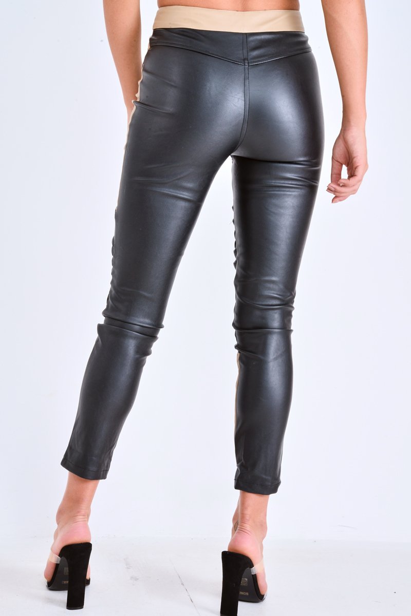 Beige PU Colour Block Trousers - Mammie-Trousers