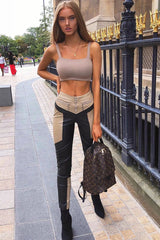 Beige PU Colour Block Trousers - Mammie-Trousers