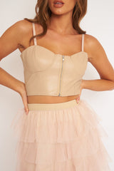 Beige PU Zip Front Bralet - Linsa-Crop Tops