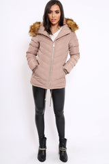 Beige Padded Coat With Faux Fur Trim Hood - Jocelyn-Coats