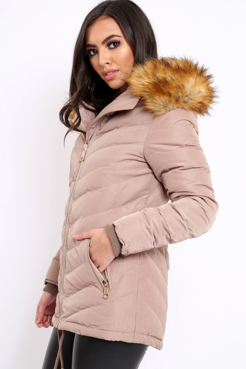 Beige Padded Coat With Faux Fur Trim Hood - Jocelyn-Coats
