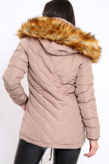 Beige Padded Coat With Faux Fur Trim Hood - Jocelyn-Coats