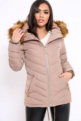 Beige Padded Coat With Faux Fur Trim Hood - Jocelyn-Coats