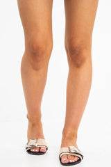 Beige Patent Buckle Front Slip On Sandals - Zailey-Sandals