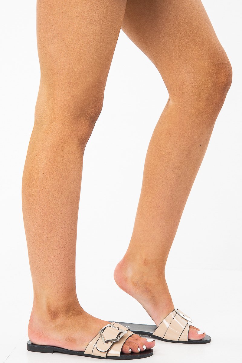 Beige Patent Buckle Front Slip On Sandals - Zailey-Sandals