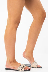 Beige Patent Buckle Front Slip On Sandals - Zailey-Sandals