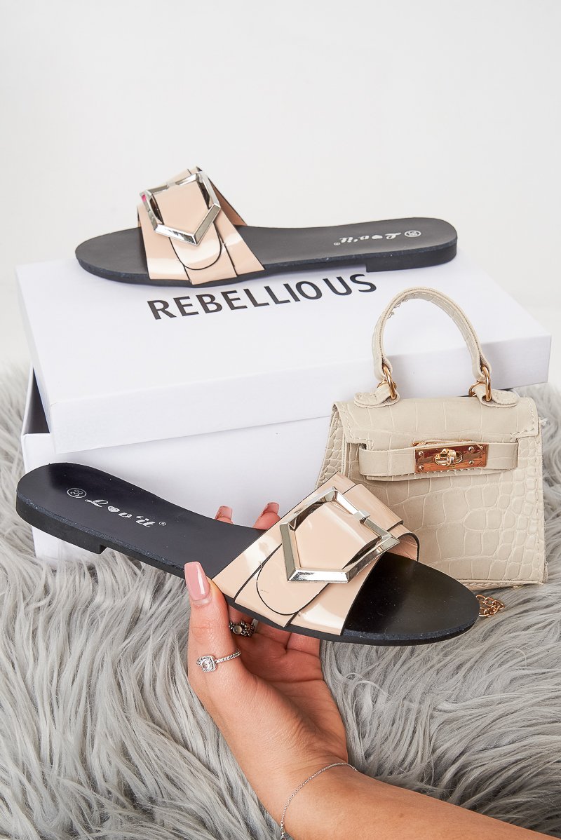 Beige Patent Buckle Front Slip On Sandals - Zailey-Sandals