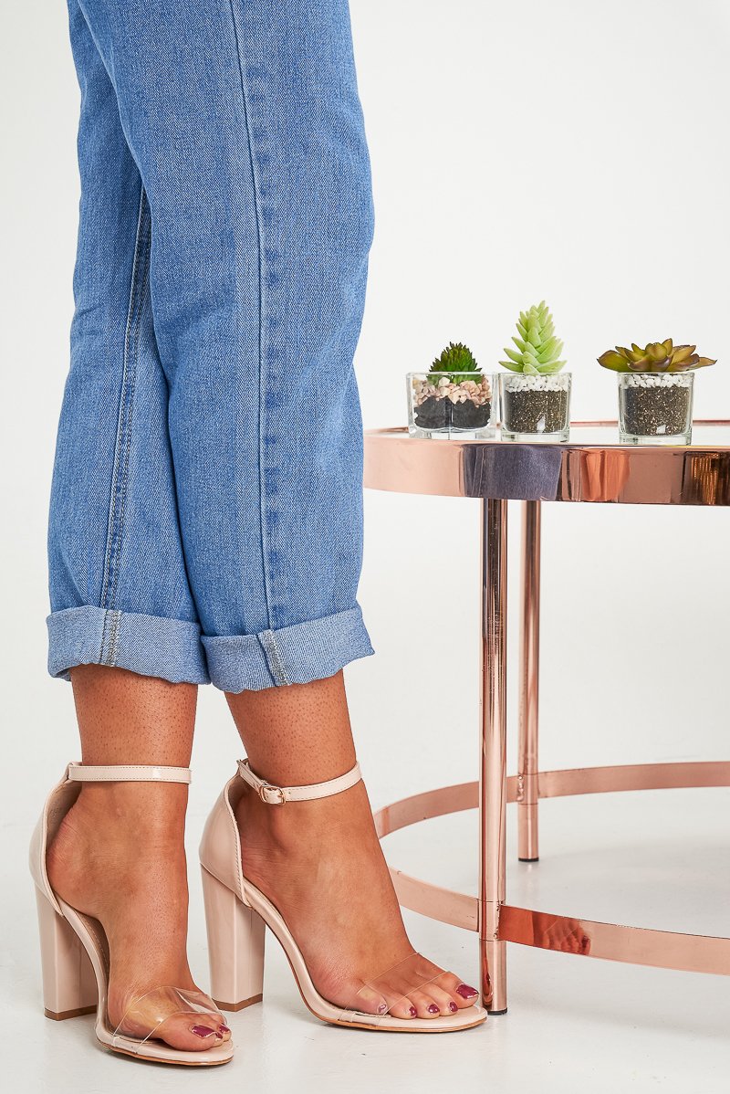 Beige Patent Clear Strap Block Heel - Lawson-Heels