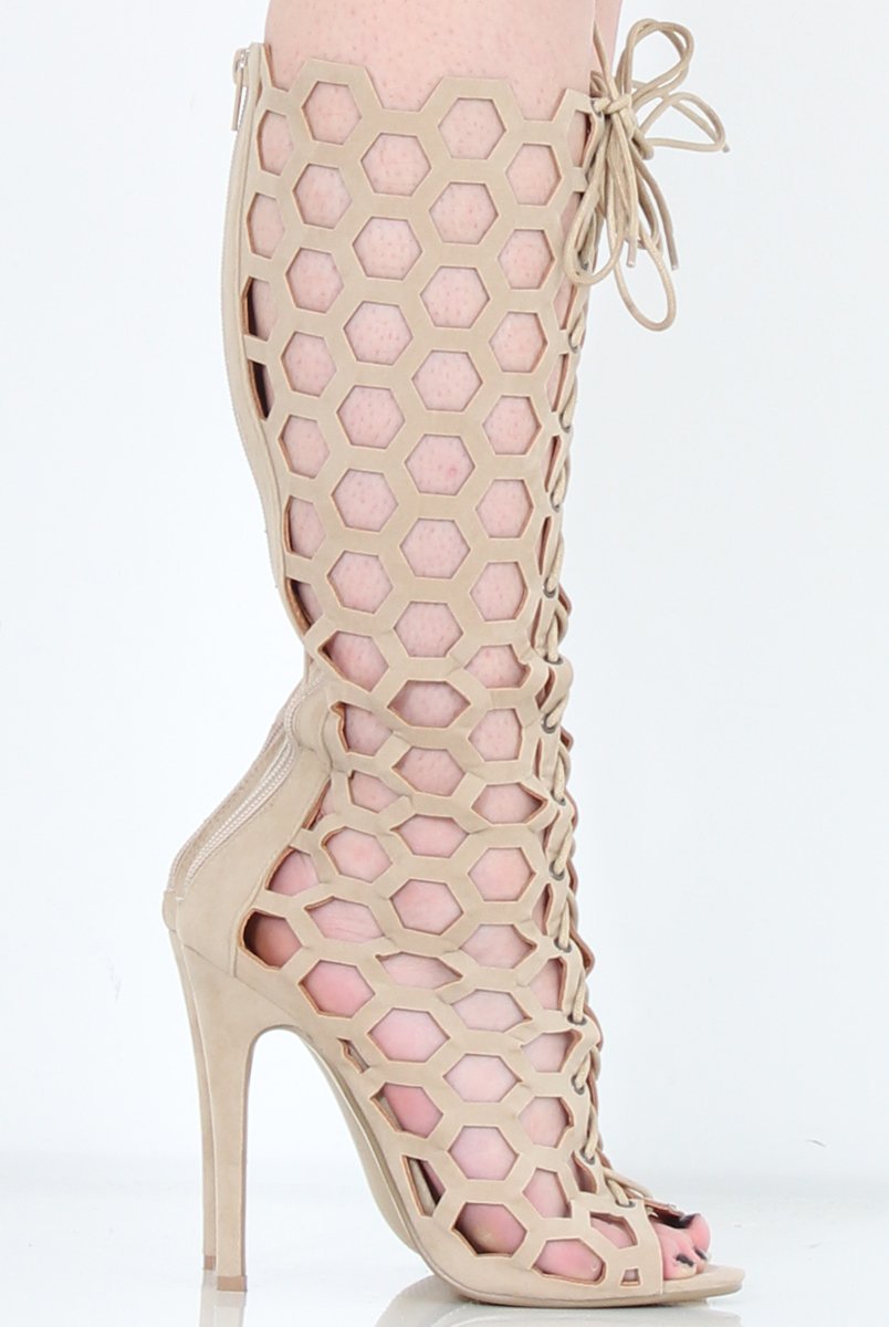 Beige Peep Toe Lace Up Heels - Honey-Heels