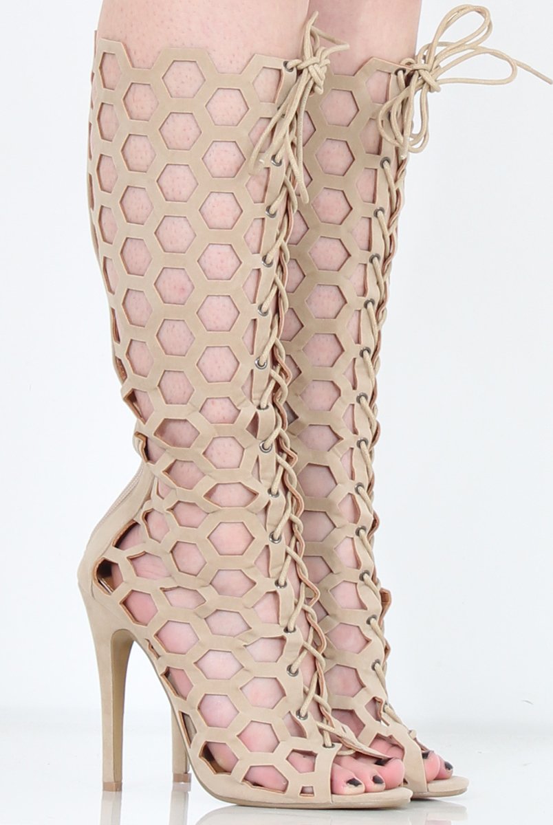 Beige Peep Toe Lace Up Heels - Honey-Heels