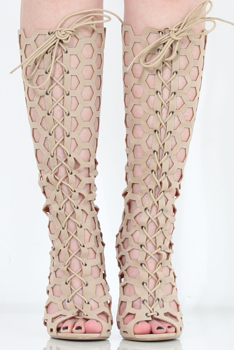 Beige Peep Toe Lace Up Heels - Honey-Heels