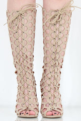 Beige Peep Toe Lace Up Heels - Honey-Heels
