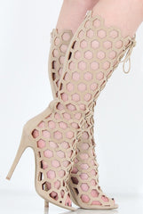 Beige Peep Toe Lace Up Heels - Honey-Heels