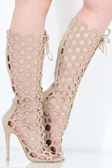 Beige Peep Toe Lace Up Heels - Honey-Heels