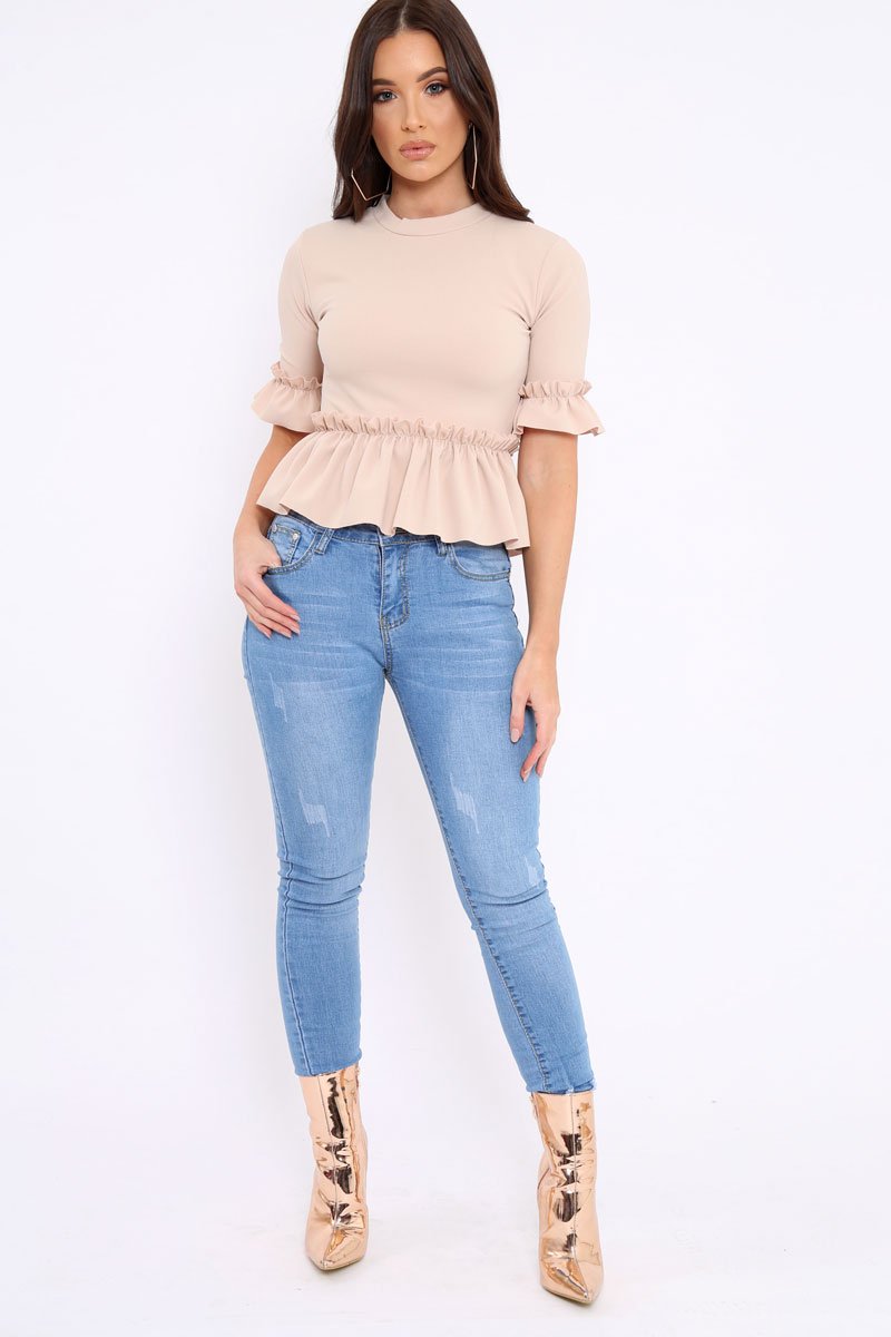 Beige Peplum Frill Detail Top with Frill Sleeves - Gretta-Tops