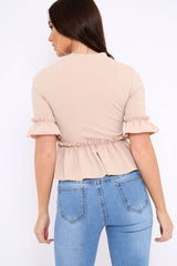 Beige Peplum Frill Detail Top with Frill Sleeves - Gretta-Tops