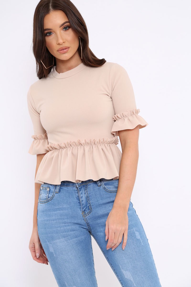 Beige Peplum Frill Detail Top with Frill Sleeves - Gretta-Tops